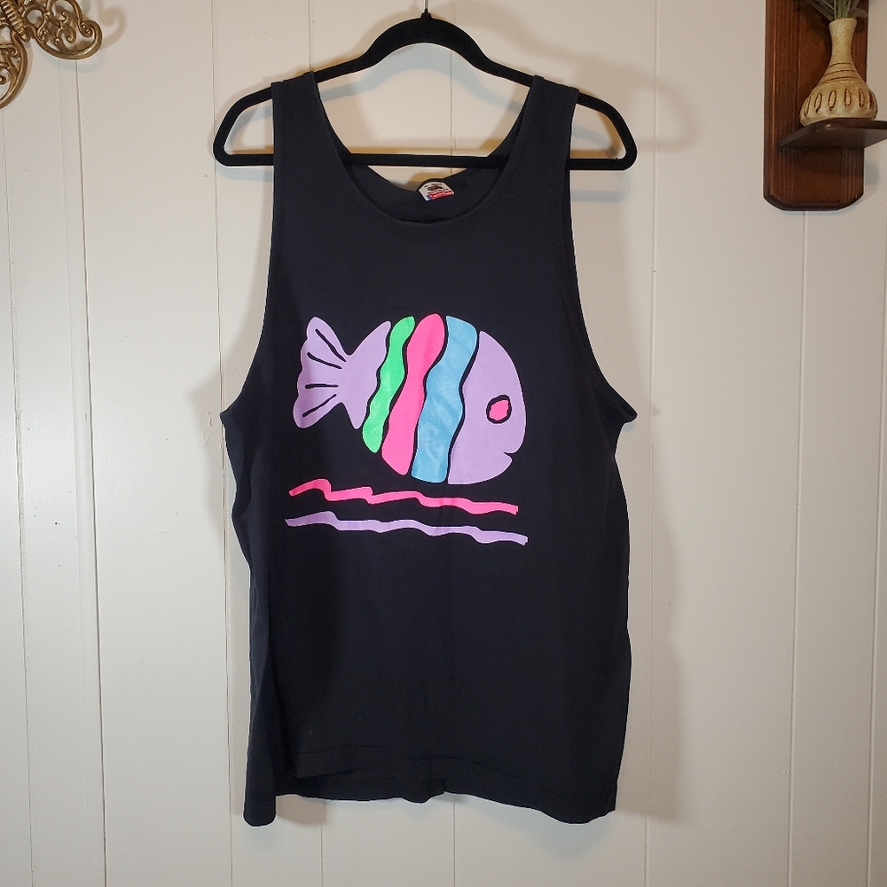 Vintage 80's Neon Fish Summer XL Black Tank Top